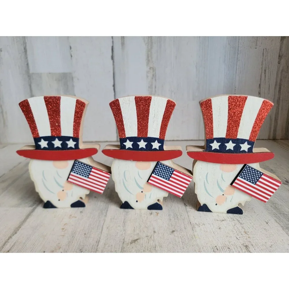 Wooden 4th of‎ July gnome glitter USA set figure decor flag